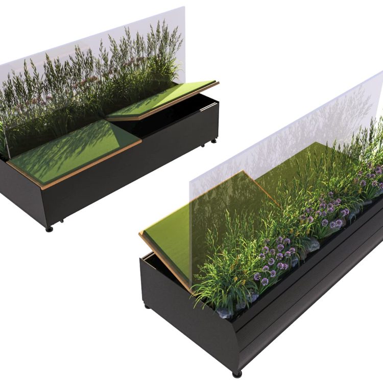 Arredo da giardino con seduta in vetro fisso e ruote Windbreaker